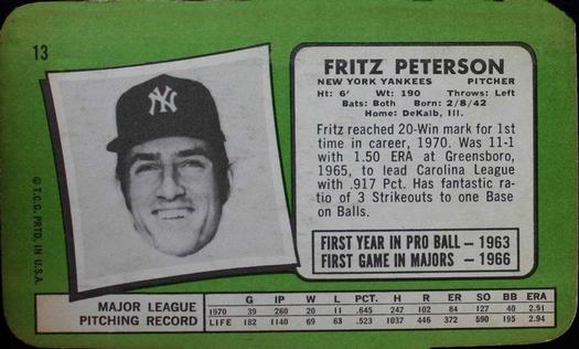 1971 Topps Super #13 Fritz Peterson Back
