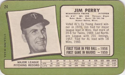 1971 Topps Super #24 Jim Perry Back