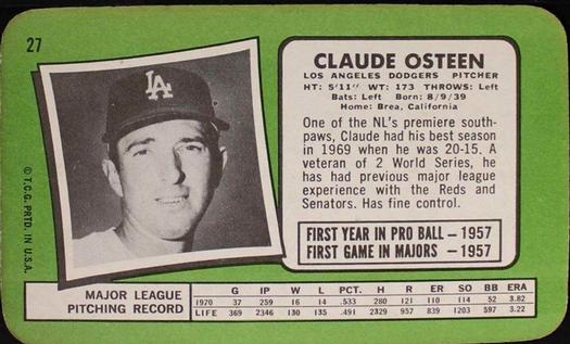 1971 Topps Super #27 Claude Osteen Back