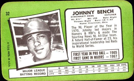 1971 Topps Super #32 Johnny Bench Back