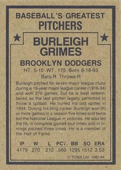 1982 TCMA Baseball's Greatest Pitchers (Tan Back) #44 Burleigh Grimes Back