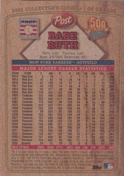 2001 Topps Post Cereal 500 Home Run Club #1 Babe Ruth Back