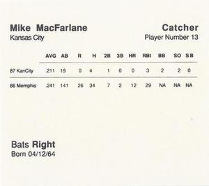 1988 Parker Bros. Starting Lineup Talking Baseball Kansas City Royals #13 Mike Macfarlane Back
