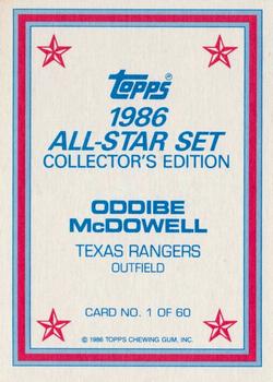 1986 Topps - 1986 All-Star Set Collector's Edition (Glossy Send-Ins) #1 Oddibe McDowell Back