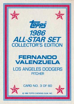1986 Topps - 1986 All-Star Set Collector's Edition (Glossy Send-Ins) #3 Fernando Valenzuela Back