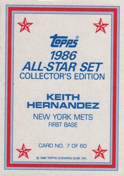 1986 Topps - 1986 All-Star Set Collector's Edition (Glossy Send-Ins) #7 Keith Hernandez Back