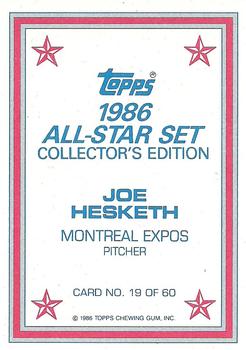 1986 Topps - 1986 All-Star Set Collector's Edition (Glossy Send-Ins) #19 Joe Hesketh Back