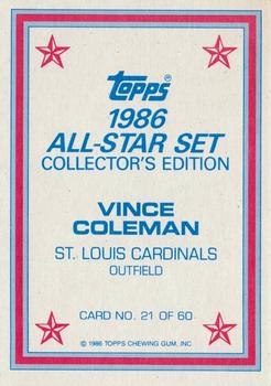 1986 Topps - 1986 All-Star Set Collector's Edition (Glossy Send-Ins) #21 Vince Coleman Back