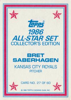 1986 Topps - 1986 All-Star Set Collector's Edition (Glossy Send-Ins) #27 Bret Saberhagen Back
