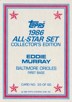 1986 Topps - 1986 All-Star Set Collector's Edition (Glossy Send-Ins) #33 Eddie Murray Back