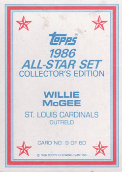 1986 Topps - 1986 All-Star Set Collector's Edition (Glossy Send-Ins) #9 Willie McGee Back