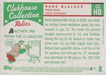 2008 Topps Heritage - Clubhouse Collection Relics #CCHB Hank Blalock Back