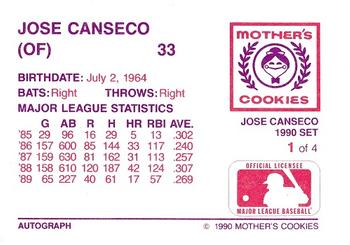 1990 Mother's Cookies Jose Canseco #1 Jose Canseco Back