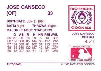 1990 Mother's Cookies Jose Canseco #4 Jose Canseco Back