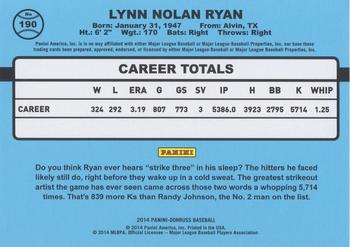 2014 Donruss - Stat Line Career #190 Nolan Ryan Back