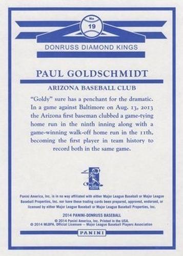 2014 Donruss - Diamond King Box Toppers #19 Paul Goldschmidt Back