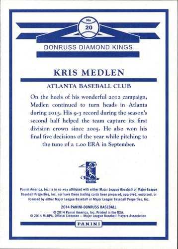 2014 Donruss - Diamond King Box Toppers #20 Kris Medlen Back