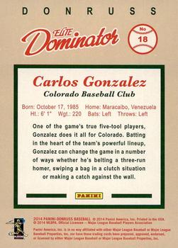 2014 Donruss - Elite Dominator Series 1 #18 Carlos Gonzalez Back