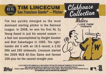 2009 Topps Heritage - Clubhouse Collection Relics #CC-TL Tim Lincecum Back