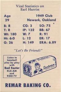 1950 Remar Bread Oakland Oaks #NNO Earl Harrist Back