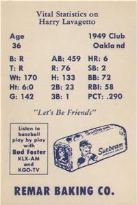 1950 Remar Bread Oakland Oaks #NNO Cookie Lavagetto Back