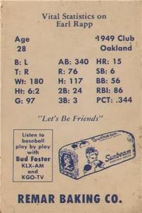 1950 Remar Bread Oakland Oaks #NNO Earl Rapp Back