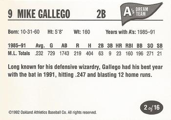 1992 Oakland Athletics Baseball Co. A's Dream Team #2 Mike Gallego Back