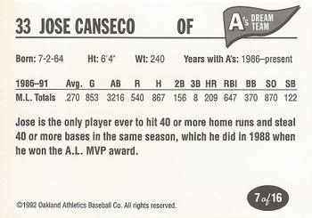 1992 Oakland Athletics Baseball Co. A's Dream Team #7 Jose Canseco Back