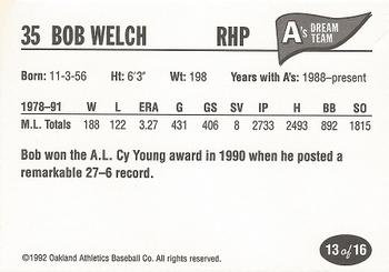 1992 Oakland Athletics Baseball Co. A's Dream Team #13 Bob Welch Back