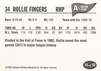 1992 Oakland Athletics Baseball Co. A's Dream Team #15 Rollie Fingers Back