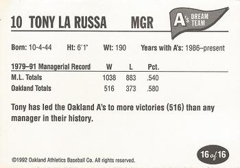 1992 Oakland Athletics Baseball Co. A's Dream Team #16 Tony La Russa Back