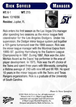 2001 Multi-Ad Las Vegas 51s #28 Rick Sofield Back