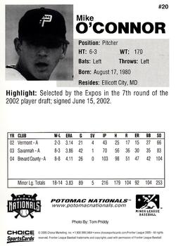 2005 Choice Potomac Nationals #20 Mike O'Connor Back