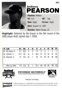 2005 Choice Potomac Nationals #21 Anthony Pearson Back