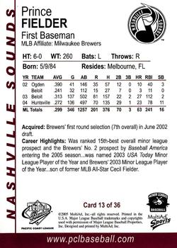 2005 MultiAd Pacific Coast League Top Prospects #13 Prince Fielder Back