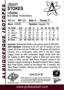 2005 MultiAd Pacific Coast League Top Prospects #33 Jason Stokes Back
