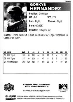 2008 Choice Carolina League Top Prospects #3 Gorkys Hernandez Back