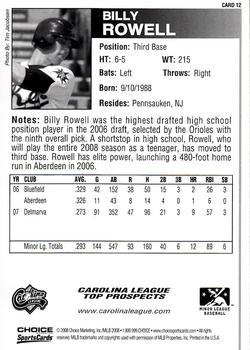 2008 Choice Carolina League Top Prospects #12 Billy Rowell Back
