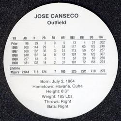 1991 Cadaco Discs #NNO Jose Canseco Back