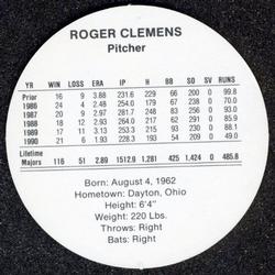 1991 Cadaco Discs #NNO Roger Clemens Back