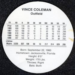 1991 Cadaco Discs #NNO Vince Coleman Back