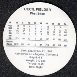 1991 Cadaco Discs #NNO Cecil Fielder Back