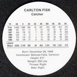 1991 Cadaco Discs #NNO Carlton Fisk Back
