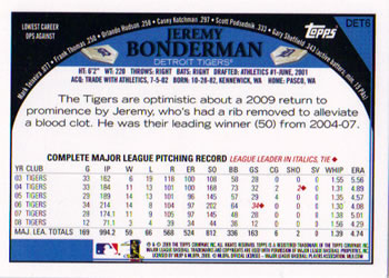 2009 Topps Detroit Tigers #DET6 Jeremy Bonderman Back