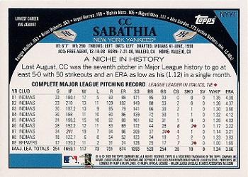 2009 Topps New York Yankees #NYY1 CC Sabathia Back