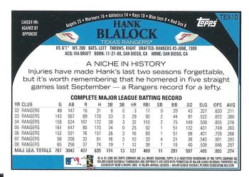 2009 Topps Texas Rangers #TEX10 Hank Blalock Back