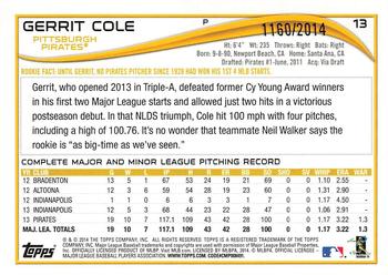 2014 Topps Opening Day - Blue #13 Gerrit Cole Back
