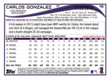2014 Topps Opening Day - Blue #16 Carlos Gonzalez Back