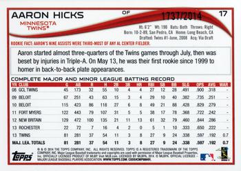 2014 Topps Opening Day - Blue #17 Aaron Hicks Back