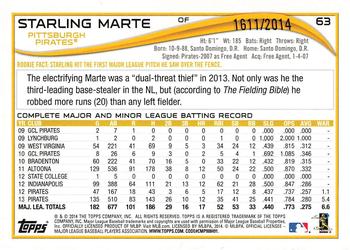 2014 Topps Opening Day - Blue #63 Starling Marte Back